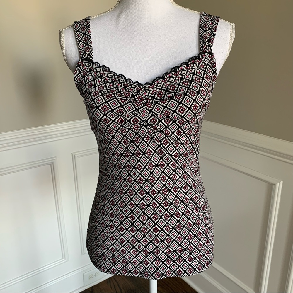 White House Black Market Geometric Print Lace Trimmed Ruched Neck Cami Top Small